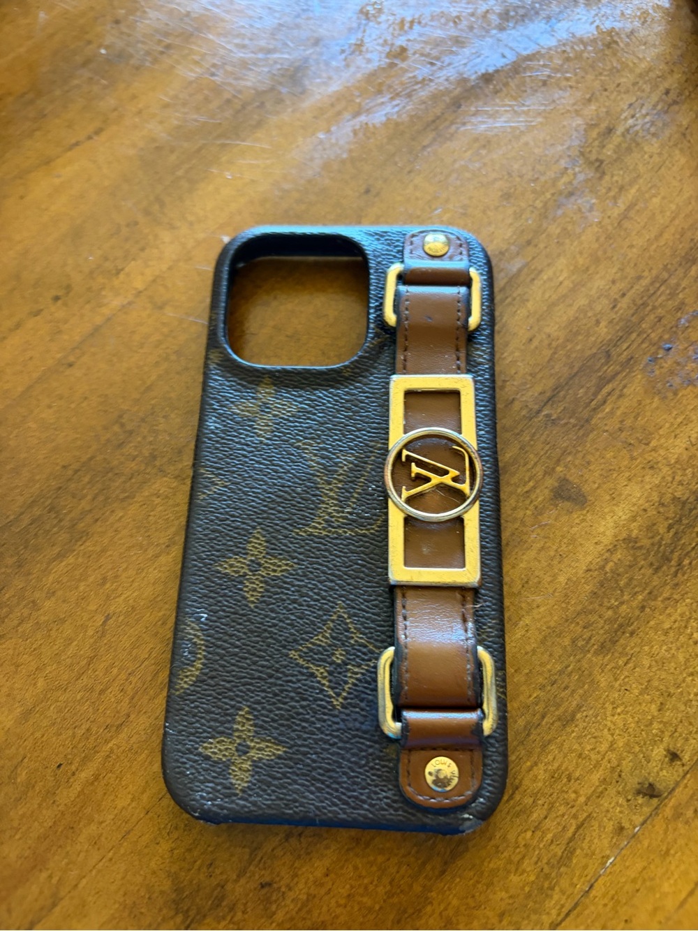 Louis Vuitton Monogram Phone Bumper with Brown Leather Strap and Gold Hardware